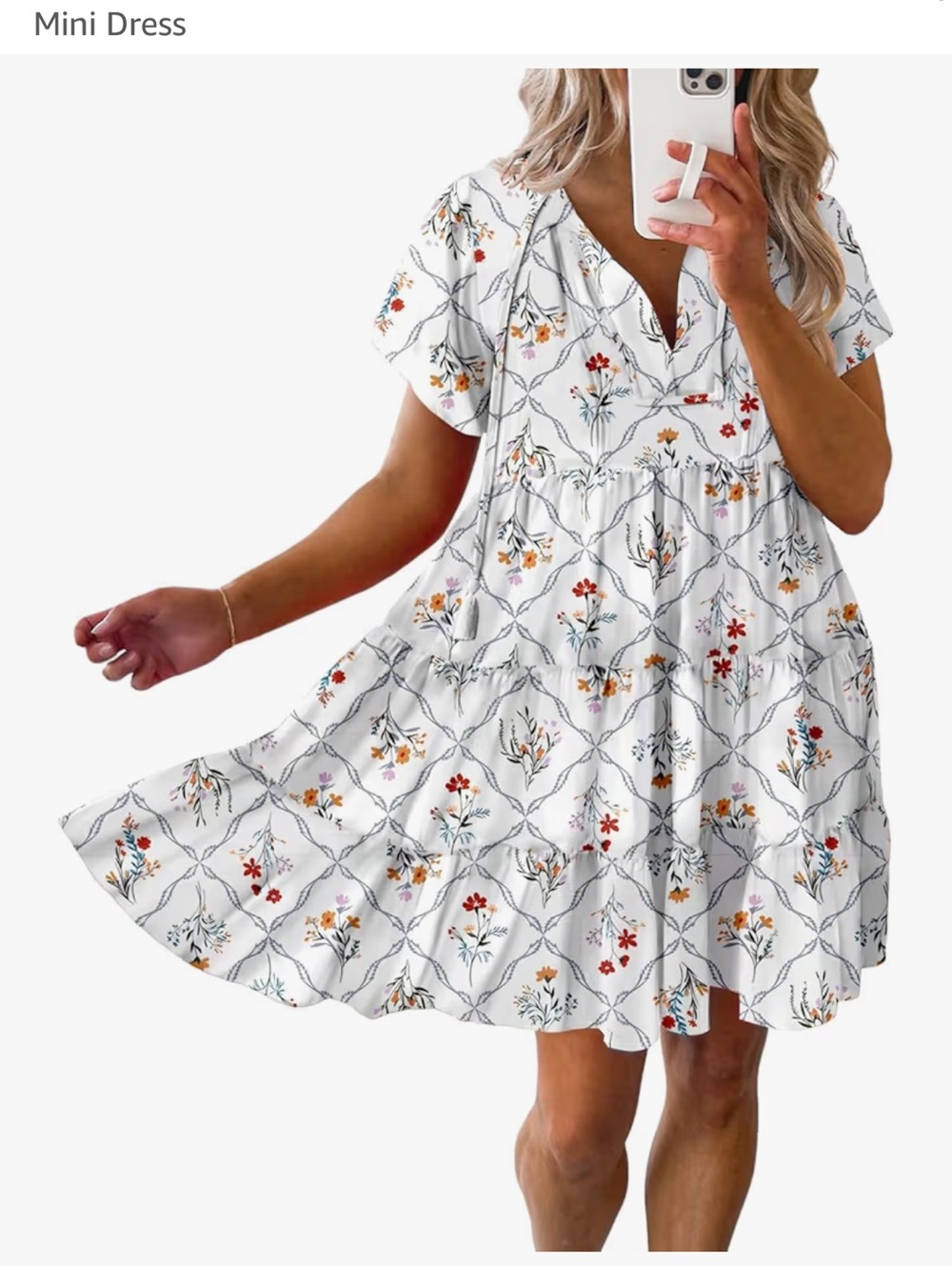 Floral Tiered White Mini Dress with Tie V-Neck